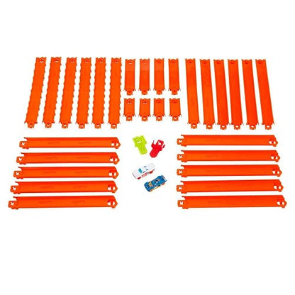 Hot Wheels Pista de Juguete 3+ | Incluye 760 cm de pista para montar, configuraciones variadas, 2 automóviles metal 1:64, JDW42