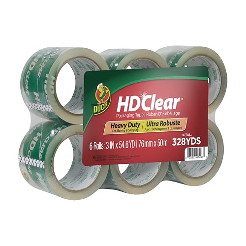 Duck Brand HD Cinta transparente de alto desempeño para embalaje, Rollo de 50 m, paquete de 6 (3 pulgadas de ancho)