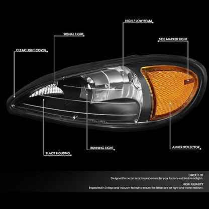 DNA Motoring HL-OH-PGAM99-BK-AM Faros Delanteros Halógeno Ámbar Negro para Pontiac Grand Am