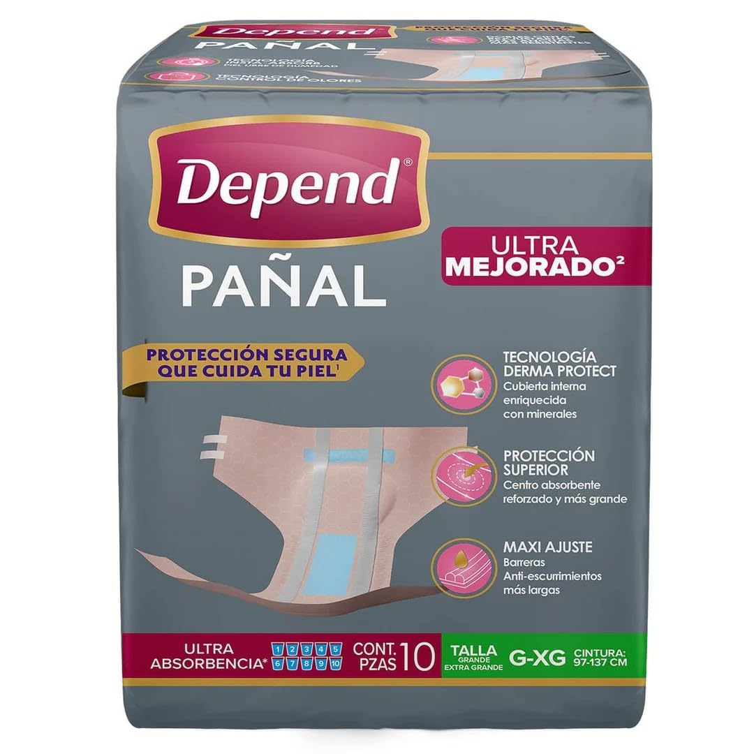 Depend Pañal Derma Protect para Incontinencia, Talla Mediana, Unisex, Paquete con 10 Piezas, con cubierta interna adicionada con minerales