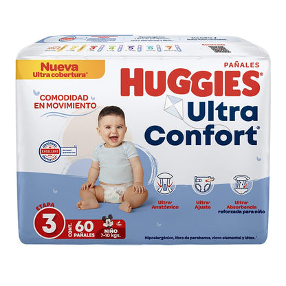 Huggies UltraConfort Pañal Desechable para Bebé, Etapa 3, Niño, Caja con 180 Piezas, Ideal para Bebés de 7 a 10 kg