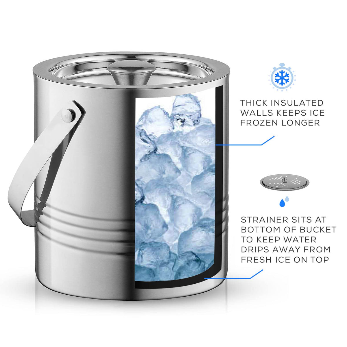 JoyJolt Cubo de Hielo de Pared Doble de Metal con Tapa, Pinzas para Hielo y Colador. Cubo de Hielo Aislado de 3L para Bar de Cócteles, Vino, Accesorios para Bar en Casa, Fiestas, Cubo de Champán