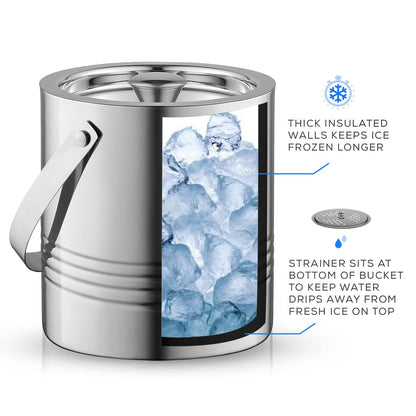 JoyJolt Cubo de Hielo de Pared Doble de Metal con Tapa, Pinzas para Hielo y Colador. Cubo de Hielo Aislado de 3L para Bar de Cócteles, Vino, Accesorios para Bar en Casa, Fiestas, Cubo de Champán