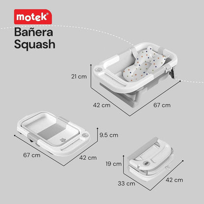 Motek Squash Bañera Tina Plegable para Bebé con Termómetro Digital Táctil, Red Acolchada de Soporte, Tapón de Drenaje y Charola Removible, Diseño Ultra Compacto Portátil, Superficie antideslizante (Azul)