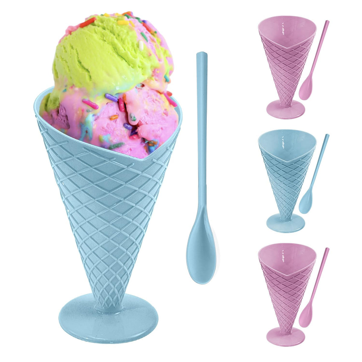 Guateplast Set de 4 Copas para Helado Tipo Waffle con Cuchara | Recipientes para Postres y Fiestas | Vasos para Niños | Cuencos para Helado