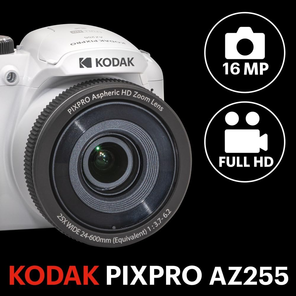 Kodak PIXPRO AZ255-WH Cámara Digital de 16 MP, Zoom óptico de 25 x 24 mm, Lente Gran Angular, estabilización óptica de Imagen, 1080P, Full HD, Video, cámara de vlogging LCD de 3 Pulgadas (Blanco)