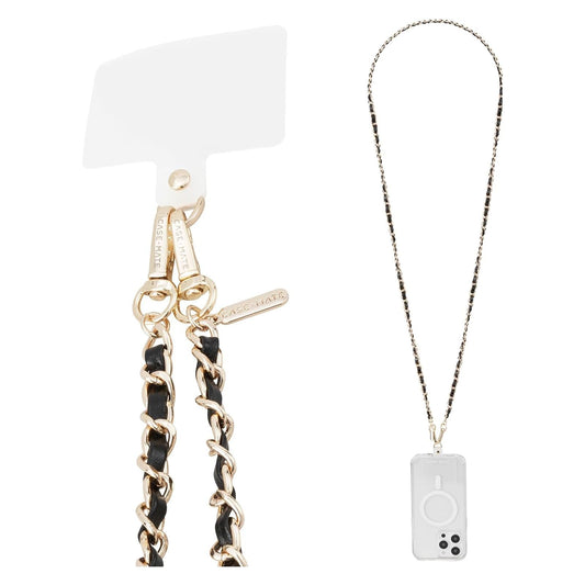 Case-Mate Correa Cruzada para Teléfono con Dije, Compatible con iPhone y Samsung - Gold Chain Black Leather