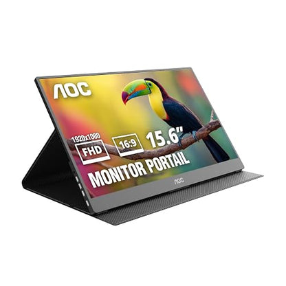 AOC Monitor Portátil 16T20, 15.6” FHD 1920x1080, Pantalla IPS, Bocinas Integradas, 2X USB Tipo C, 1x Mini HDMI, Funda Inteligente Premium, Compatible con Consolas de Videojuegos.