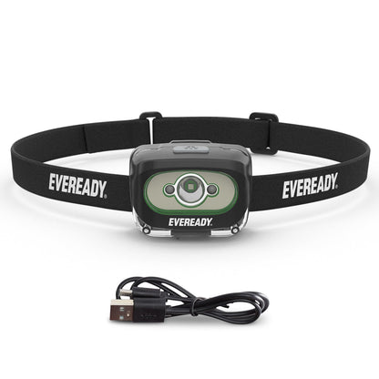 Eveready Value - Linterna Frontal Recargable IPX4, Resistente al Agua, Lente irrompible, luz LED para Exteriores y de Emergencia, Cable USB Incluido, Negro