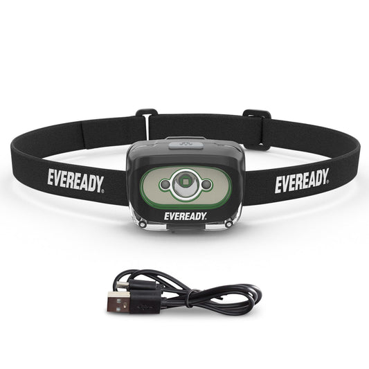 Eveready Value - Linterna Frontal Recargable IPX4, Resistente al Agua, Lente irrompible, luz LED para Exteriores y de Emergencia, Cable USB Incluido, Negro