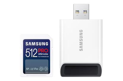 Samsung Pro Ultimate Tarjeta de Memoria de tamaño Completo+USBReader, SDXC de 512 GB, hasta 200 MB/s, 4K UHD, UHS-I, C10, U3, V30, A2 para DSLR, cámaras sin Espejo, PC, MB-SY512SB/AM