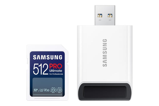 Samsung Pro Ultimate Tarjeta de Memoria de tamaño Completo+USBReader, SDXC de 512 GB, hasta 200 MB/s, 4K UHD, UHS-I, C10, U3, V30, A2 para DSLR, cámaras sin Espejo, PC, MB-SY512SB/AM