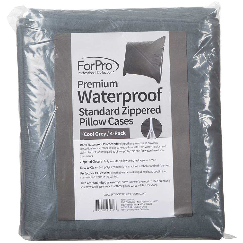 ForPro Professional Collection - Protectores de Almohada Impermeables de Alta Calidad, tamaño estándar con Cierre, Color Gris frío, 4 Unidades