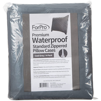 ForPro Professional Collection - Protectores de Almohada Impermeables de Alta Calidad, tamaño estándar con Cierre, Color Gris frío, 4 Unidades