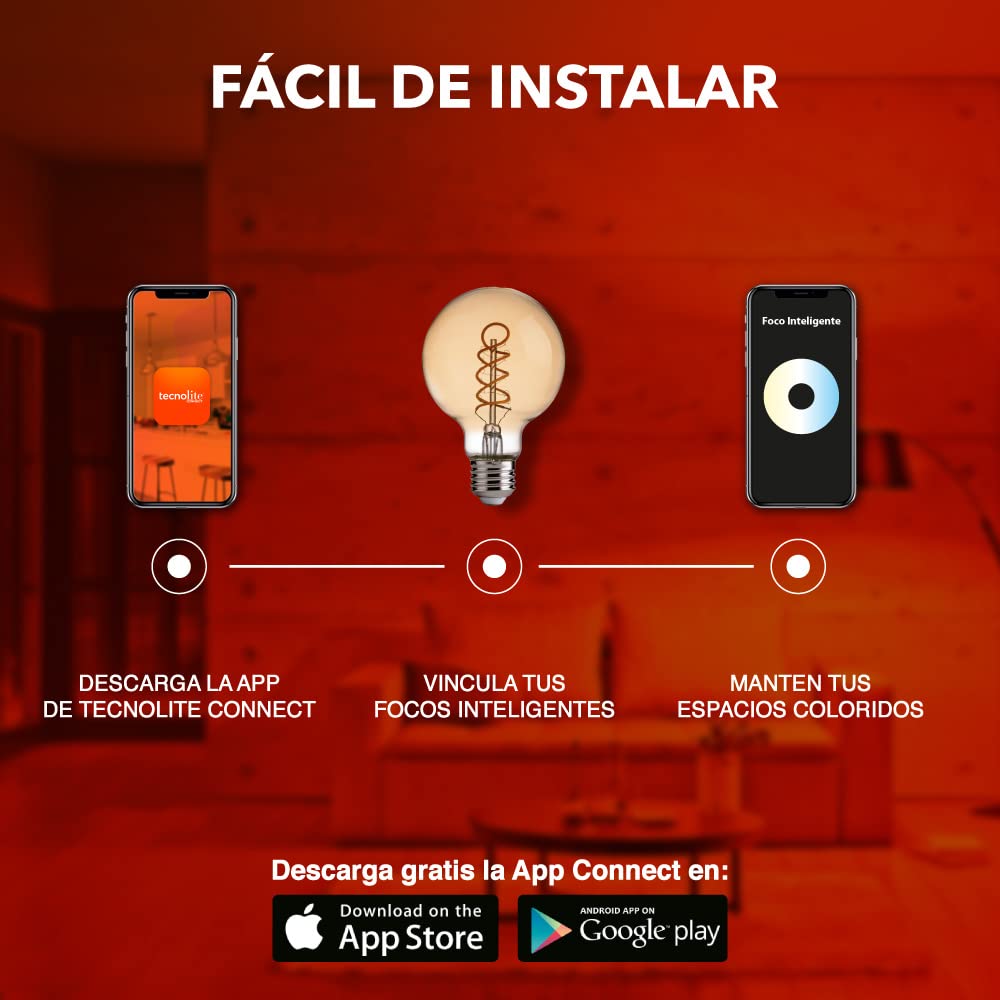 Tecnolite Connect - Foco Vintage LED Inteligente G25 WiFi 5.5W - Luz Blanca Dinámica, Atenuable, Bombilla Edison Compatible con Alexa, Google Assistant, Atajos de Siri y App móvil
