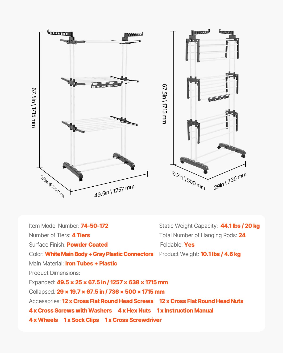 VEVOR - Tendedero Plegable de 4 Niveles, Estante de Secado de Metal con 24 Varillas de Secado, Colgador portátil y de pie con 4 Ruedas y Dos alas Laterales para Uso en Exteriores e Interiores