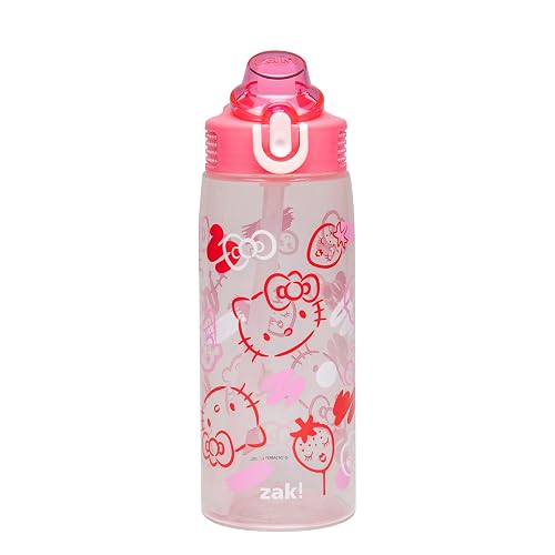 Zak Designs Sanrio - Botella de agua de salvia para la escuela o los viajes, botella de agua de plástico duradera de 25 onzas con popote, mango y a prueba de fugas, cubierta de boquilla desplegable