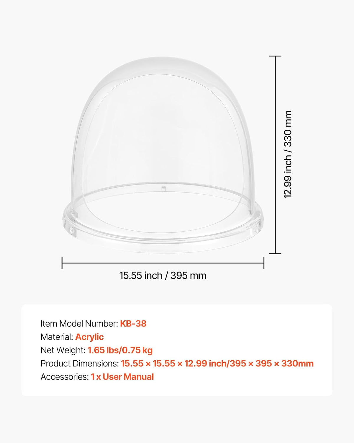 VEVOR Cubierta para Máquina de Algodón de Azúcar, Cúpula Acrílica Transparente, Compatible con Recipiente de Máquina de Algodón de Azúcar 381 mm, para Fiestas, Tiendas, Diseño de Ranura Inferior