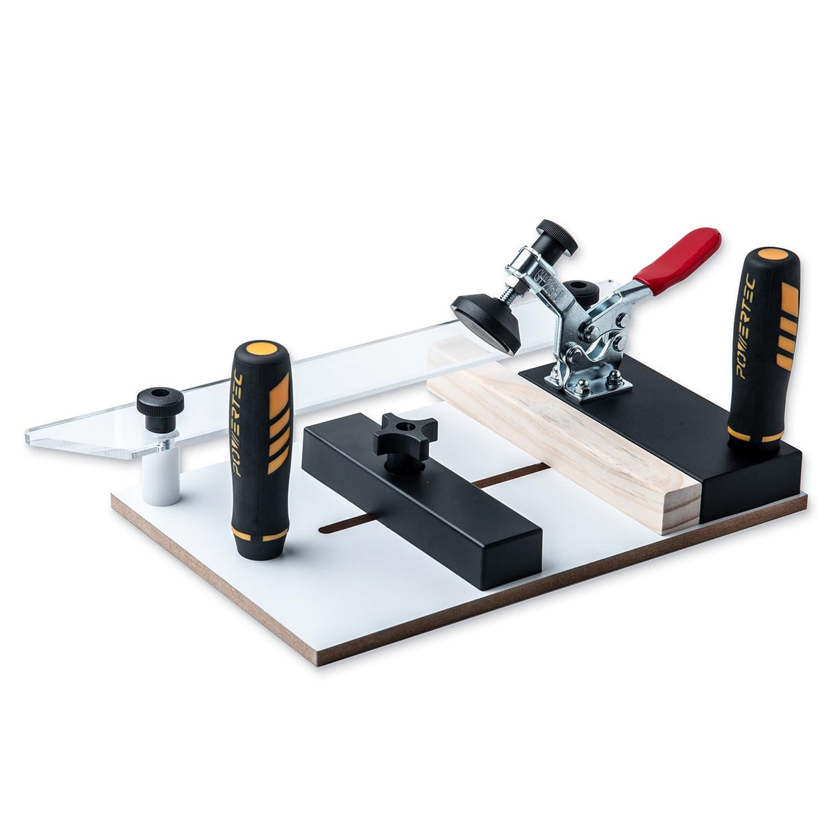 POWERTEC - Trineo de Revestimiento de riel para mesas de enrutador, Trineo de enrutador, Corte preciso para Juntas de Puerta de gabinete, frentes de cajones, Plantillas, Abrazaderas Ajustables, Mesa - Trineo de afrontamiento de - Paquete de 1