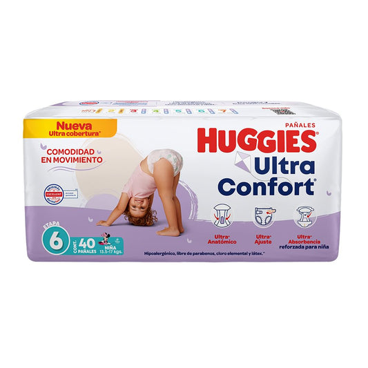 Huggies UltraConfort Pañal Desechable para Bebé, Etapa 6 Niña, Paquete con 40 Piezas, Ideal para niñas de más de 13.5 kg