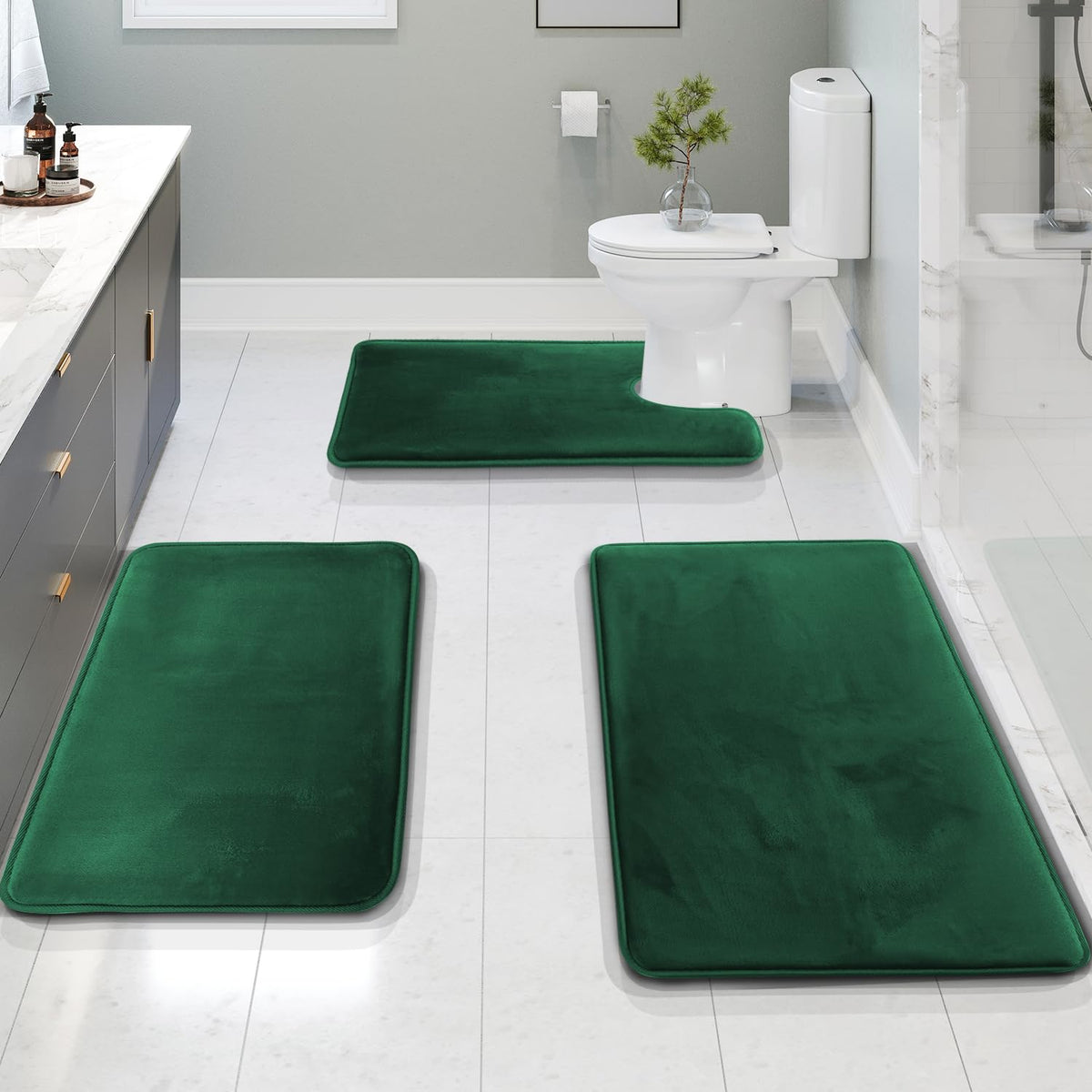 Clara Clark Alfombra de baño Ultra Suave, Antideslizante y Absorbente, de Espuma viscoelástica de Terciopelo, 17 x 24/20 x 32 / Contorno - Verde Cazador