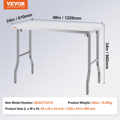 VEVOR Mesa de Trabajo Comercial estación de Trabajo de 48 x 24 Pulgadas, Mesa de preparación Plegable, Isla de Cocina de Acero Inoxidable Resistente con Carga de 650 Libras, Color Plateado