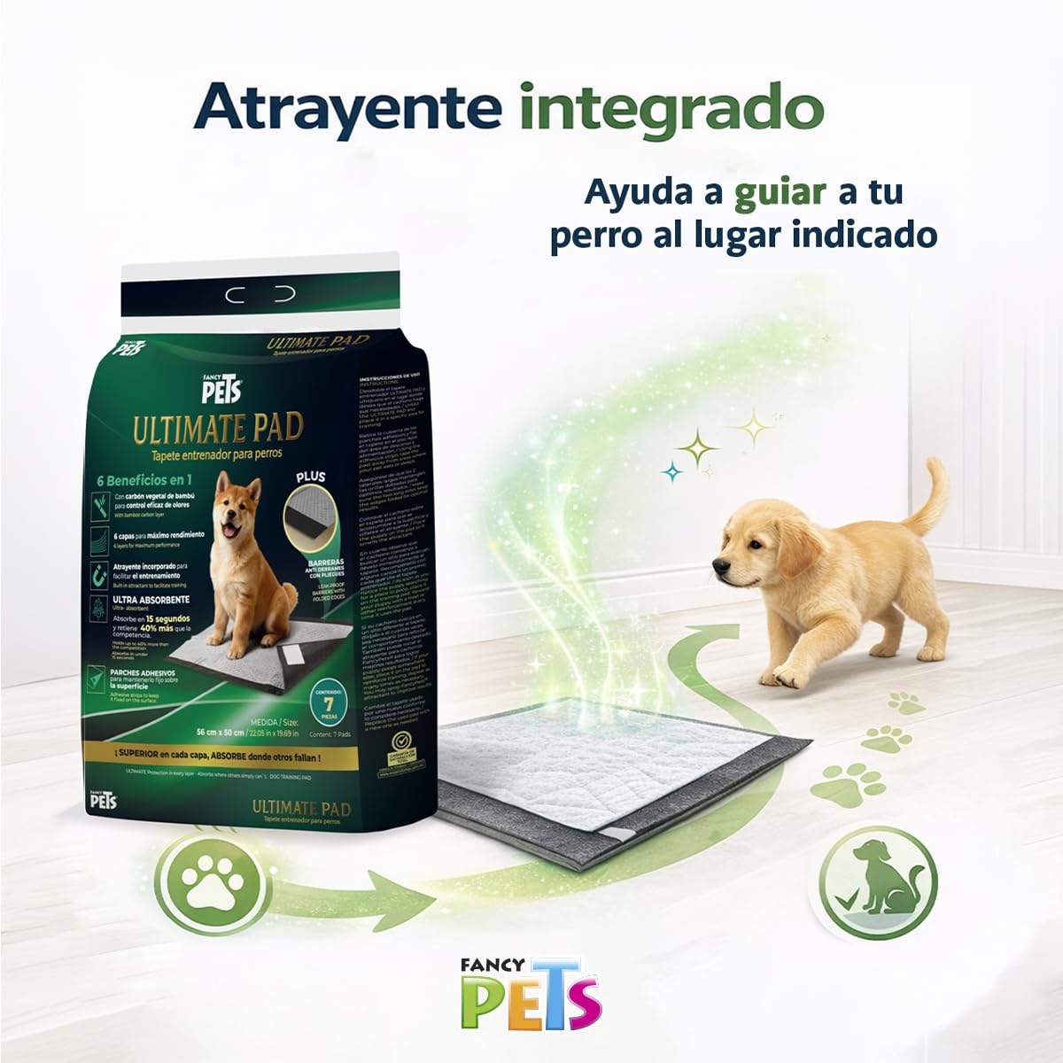 Fancy Pets Tapete Entrenador para Perros Ultimate Pad con Carbón Activado de Bambú Absorción Rápida Bordes Antiderrames Atrayente Integrado y Parches Adhesivos 56 x 50 cm - 30 PZ