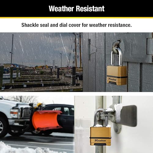 Master Lock - Candado de combinación dorado para exteriores, resistente a la intemperie, candado de combinación reajustable para uso en exteriores, 1.2 x 2 x 3.8 pulgadas, paquete de 2, M175LFEC2