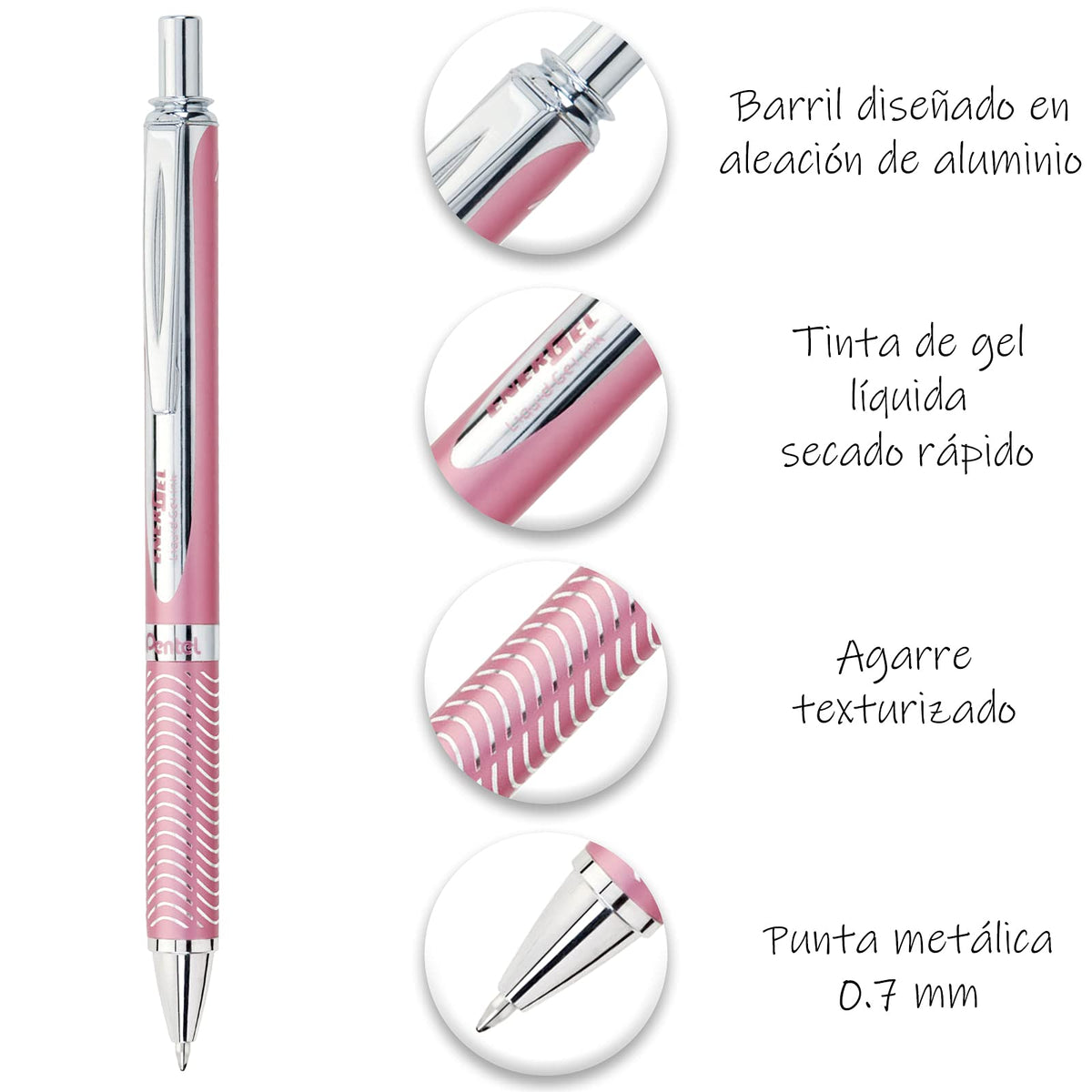 Bolígrafo Tinta Gel EnerGel Retráctil Rosa con Detalles en Plata Tinta Negra 01 Pieza con Estuche BL407P-A-EST