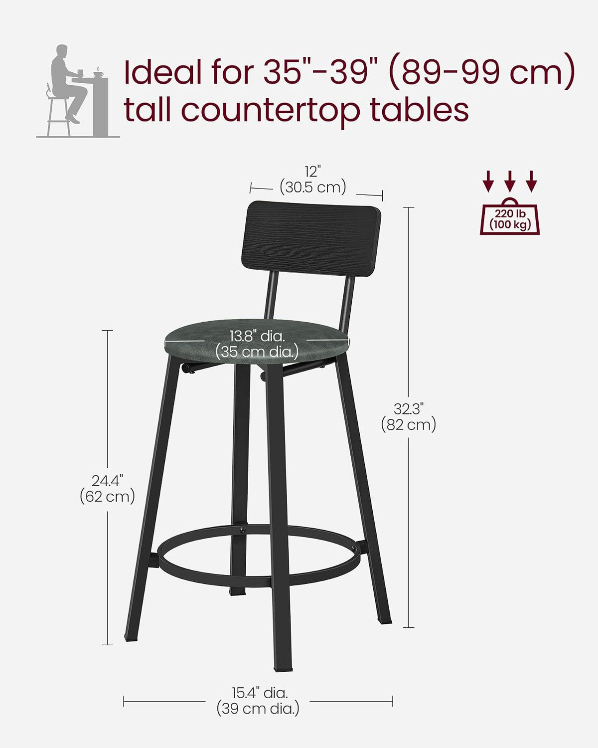 VASAGLE - Taburetes de Bar, Juego de 2, Tapizados de Poliuretano, con Respaldo y Reposapiés, Montaje Simple, para Comedor y Cocina, Negro y Verde Bosque