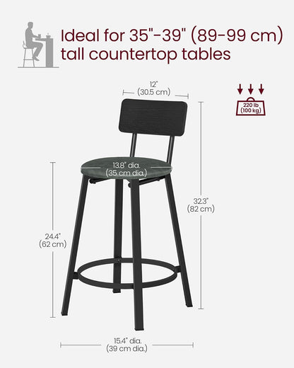 VASAGLE - Taburetes de Bar, Juego de 2, Tapizados de Poliuretano, con Respaldo y Reposapiés, Montaje Simple, para Comedor y Cocina, Negro y Verde Bosque