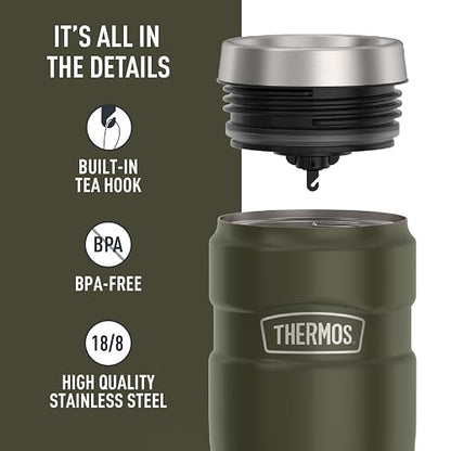 Thermos Staineless Steel King 16 Ounce Travel Tumbler, Army Green | Vaso de café aislado al aspiradora para bebidas calientes y frías, para viajes y viajes