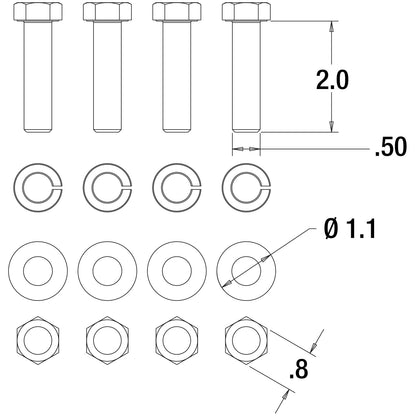 Buyers Products 8520 Kit de Montaje de Gancho de piñón/Enganche Combinado, Cuatro 1/2 Pulgada Tornillos de Grado 8 de 2 Pulgadas, Tuercas hexagonales, Arandelas de Bloqueo Pesadas y Arandelas Planas