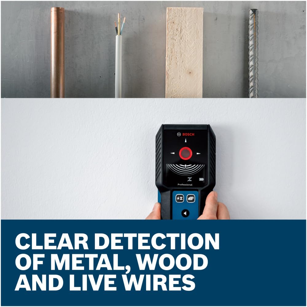 Bosch GMS120-27 Escáner de Pared | Escáner detector de pared multifunción con indicación central, buscador de pernos de metal para electricistas