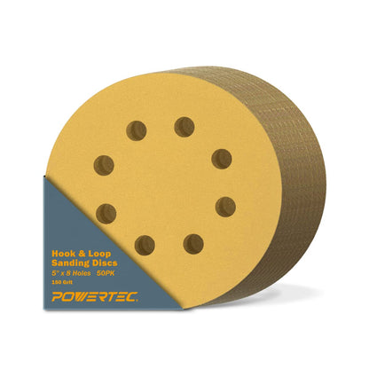 POWERTEC 50 discos de lijado de gancho y bucle de grano 150 de 5 pulgadas, 8 agujeros, almohadillas para orejas de lijado de 5 pulgadas para automóvil, paneles de yeso, carpintería con lijadora - 150 Grit, 50PK