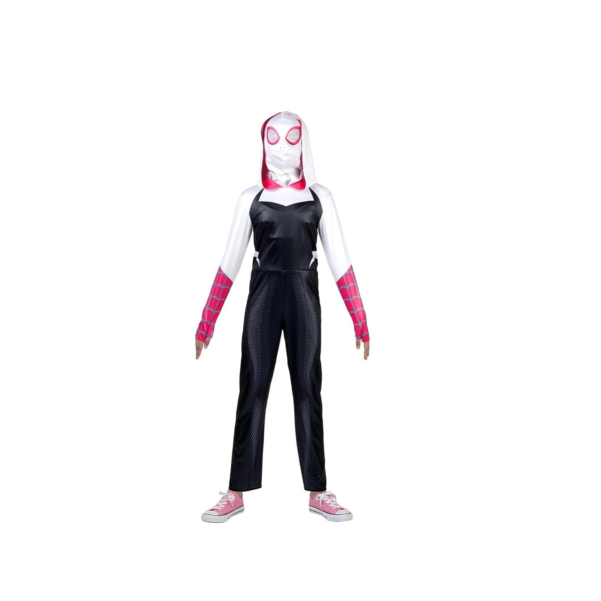 MARVEL Spider-Gwen Official Youth Halloween Costume - Premium Quality Hooded Jumpsuit with Pull On Fabric Mask