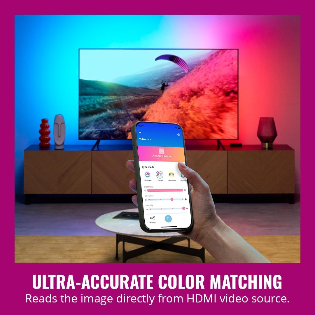 WiZ Sistema HDMI Sync Box + Tira Inteligente TV 75”-85” con luz multicolor que se sincronizan con tu contenido favorito y es compatible con Alexa