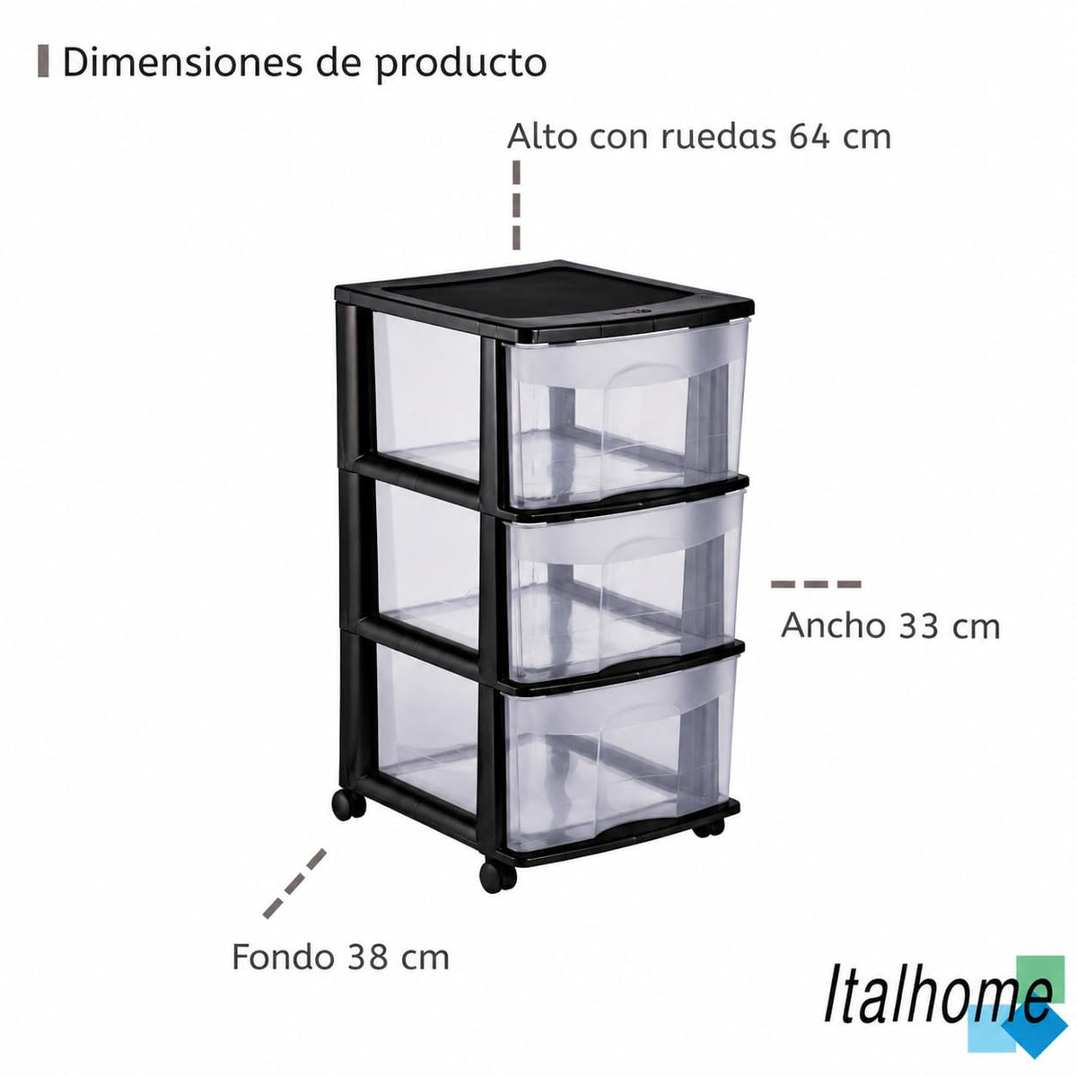 Italhome Cajonera FOX 3 de Plástico con Ruedas 3 Cajones Transparentes, Organizador Multiusos Móvil para Hogar y Oficina, Mueble Ligero Resistente, Color Negro