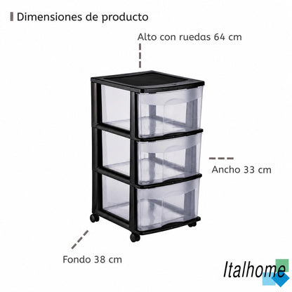 Italhome Cajonera FOX 3 de Plástico con Ruedas 3 Cajones Transparentes, Organizador Multiusos Móvil para Hogar y Oficina, Mueble Ligero Resistente, Color Negro