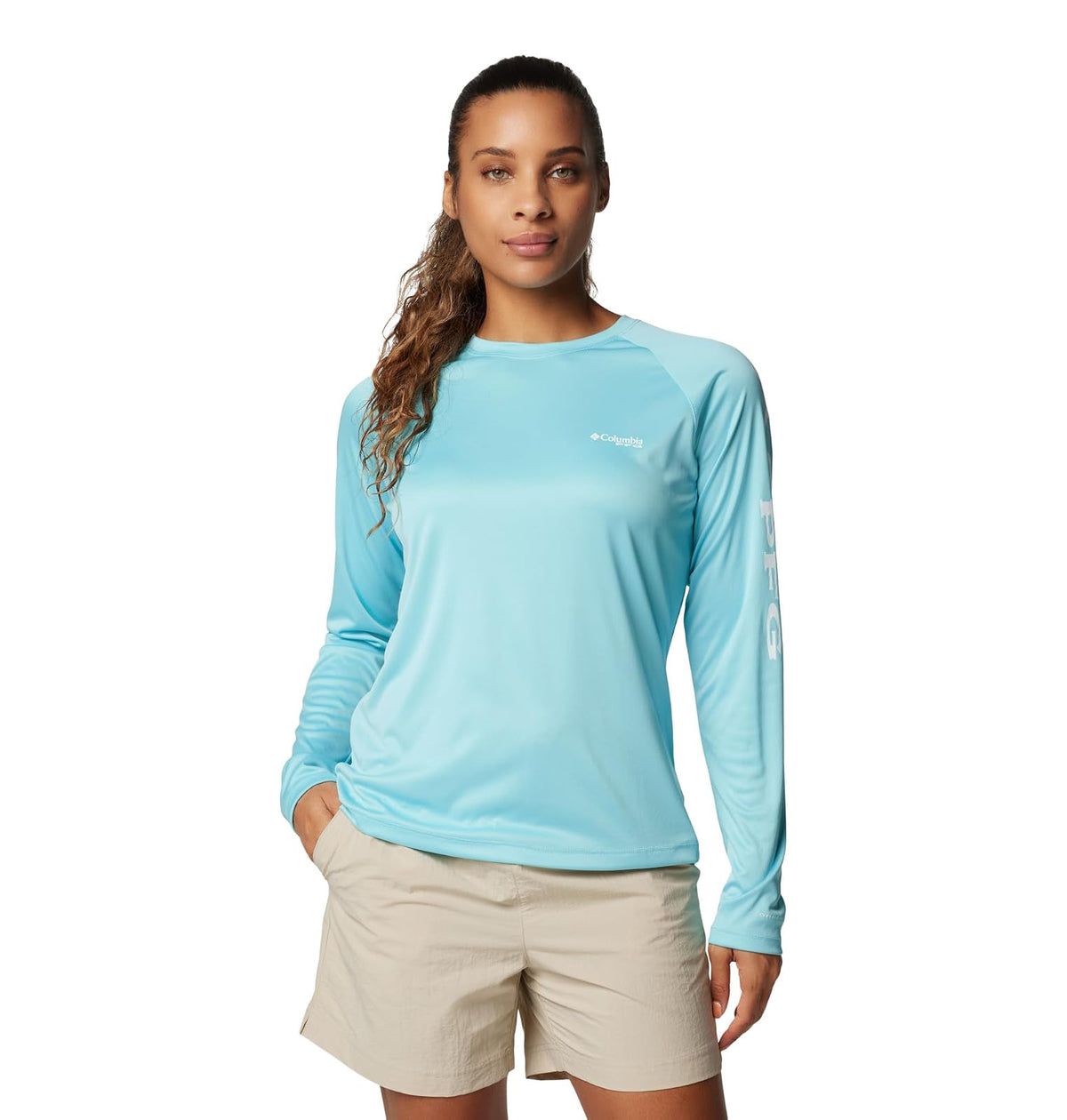 Columbia Tidal Tee II Playera Manga Larga UPF 50 Mujer - G - Azul transparente, logotipo blanco