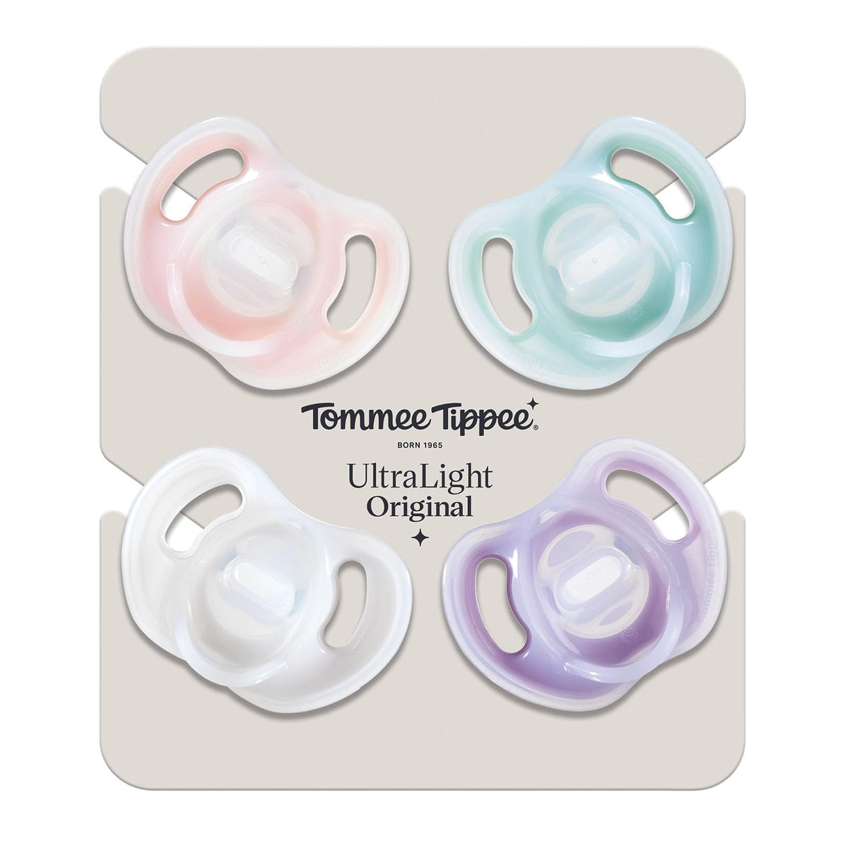 Tommee Tippee Chupón Ultra-Light, 0-6 Meses, Silicona, Paquete de 4 | Diseño Simétrico de Una Pieza, Chupón Libre de BPA, Rosa/Morado/Verde