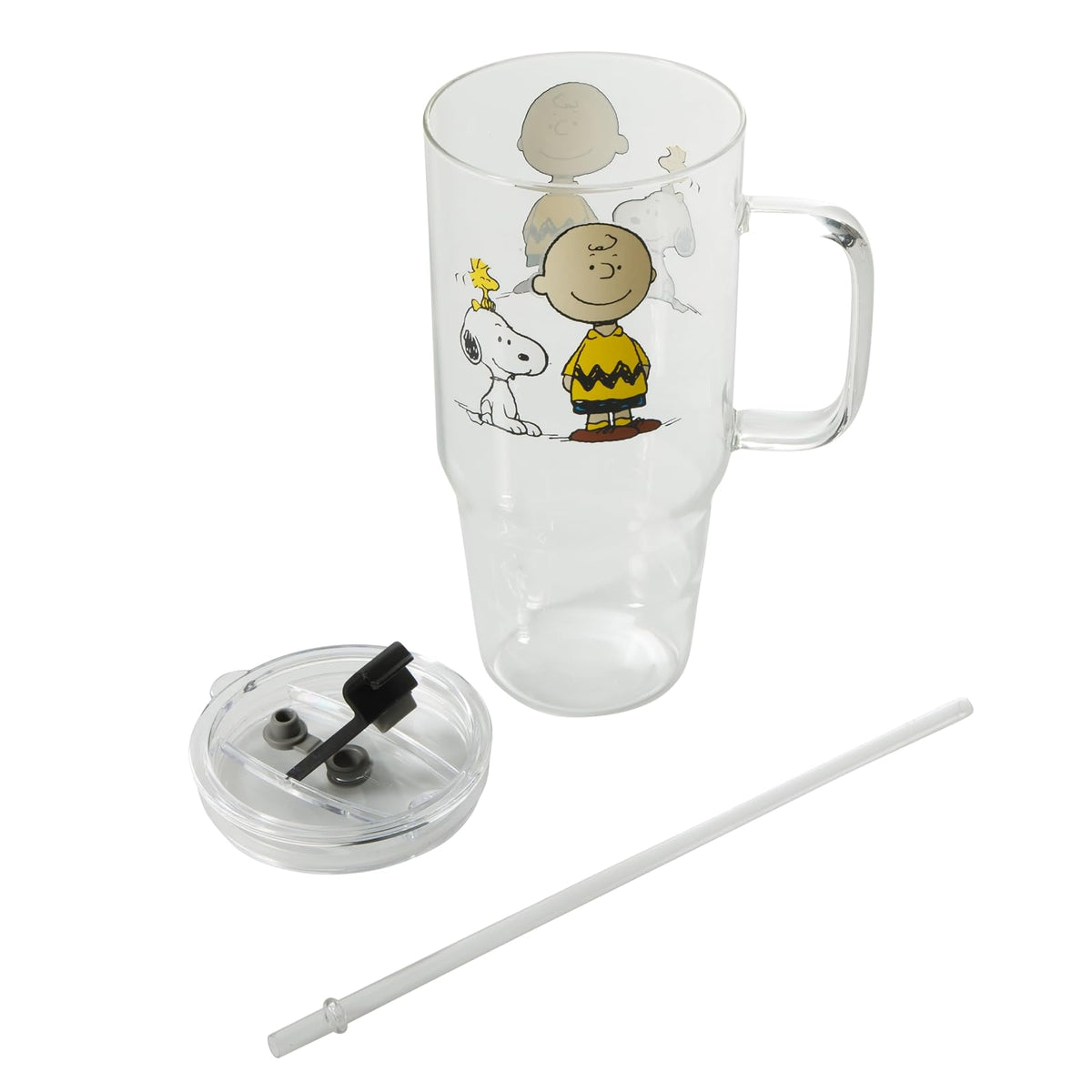 Peanuts Snoopy - Vasos de vidrio con tapas y popotes - Vaso de 40 onzas con asa y popote, botellas de agua de vidrio, vasos con popotes, tazas de café helado, taza de café de viaje, vaso de licuado
