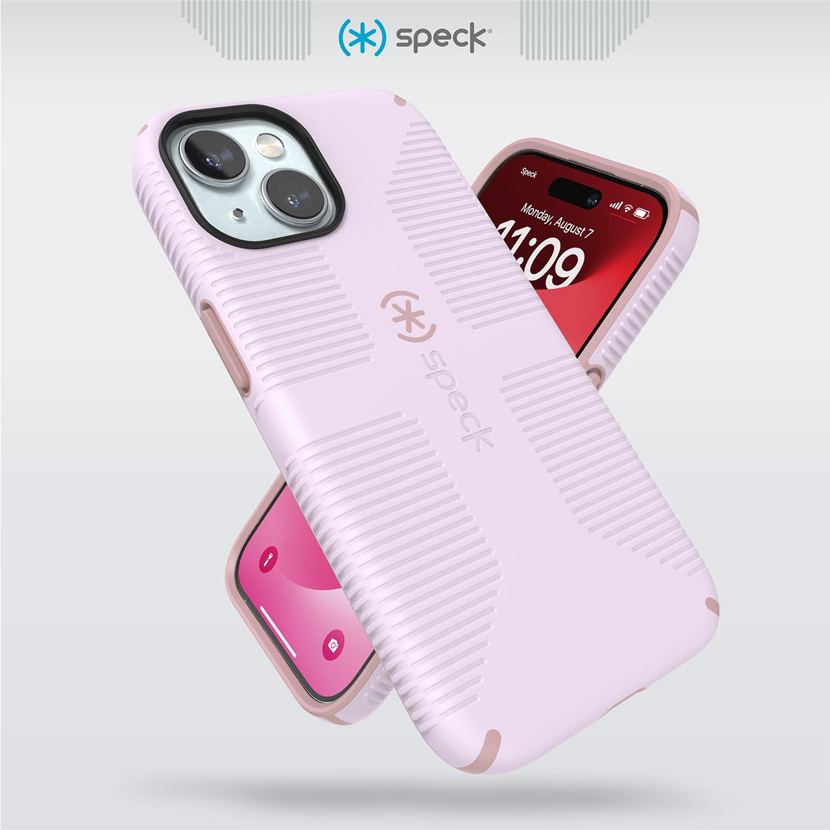 Speck - Funda para iPhone 15, 14 y 13, diseñada para MagSafe, protección contra caídas de 8 pies, resistente a arañazos, tacto suave, agarre adicional, color Lila/pétalo de clavel