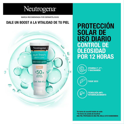 Neutrogena Sun fresh Protector Solar Facial Tono Claro Dermcare Niacinamida FPS50+, 40g