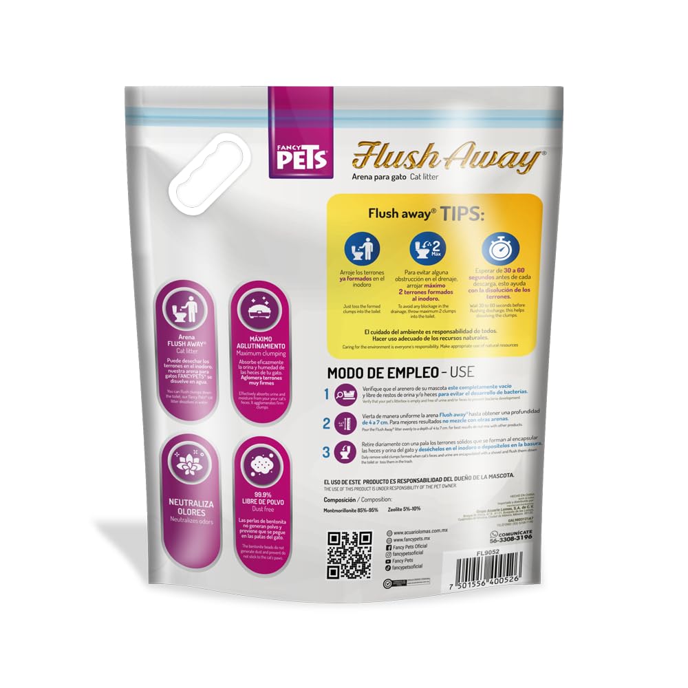Fancy Pets Arena para Gatos de Bentonita Soluble Desechable en Inodoro Libre de Polvo 4kg Flush Away