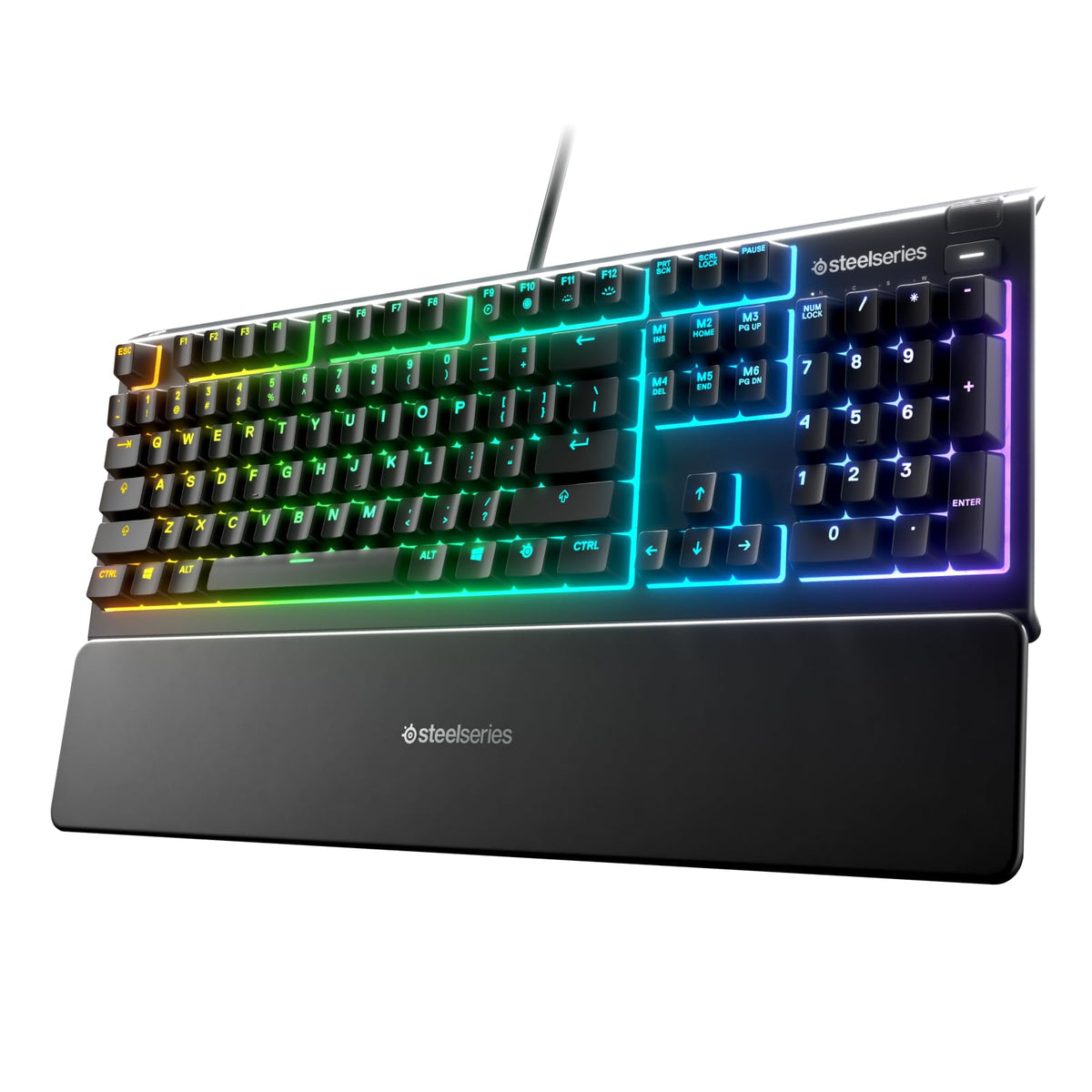 SteelSeries Apex 3 RGB Teclado para Juegos – Iluminación RGB de 10 Zonas – Resistente al Agua IP32 – Reposamuñecas magnético Premium (Interruptor silencioso para Juegos) – SP (español)