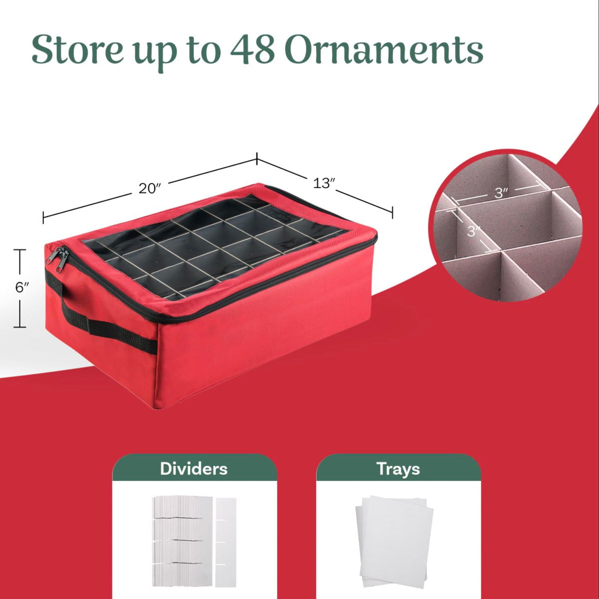 Tiny Tim Totes | Premium | 48 Christmas Ornament Organizer Storage Box | Red, Case