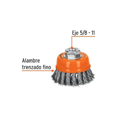 Truper CT-608, Carda de copa, alambre trenzado fino, 3" para esmeril