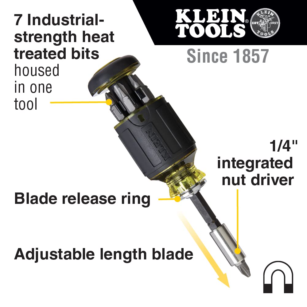 Klein Tools 32308F Juego de destornilladores de impacto 10 en 1, juego de destornilladores rechonchos hexagonales, 7 bits, función de sujeción de puntas de 1/4 pulgadas, 10 piezas