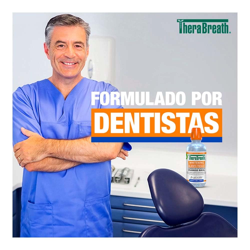 TheraBreath Enjuague Bucal sin Alcohol Whitening, Menta Brillante 473 ml. | Elimina y Previene Manchas en los Dientes. Aliento Fresco, Fórmula sin Peróxido, De Uso Diario. Desarrollado por Dentistas